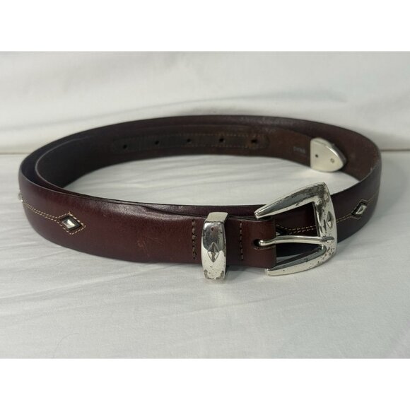 BRIGHTON Denver Diamond Italian Brown Leather Silver Belt P3507 Men’s Size 38 - Picture 1 of 8